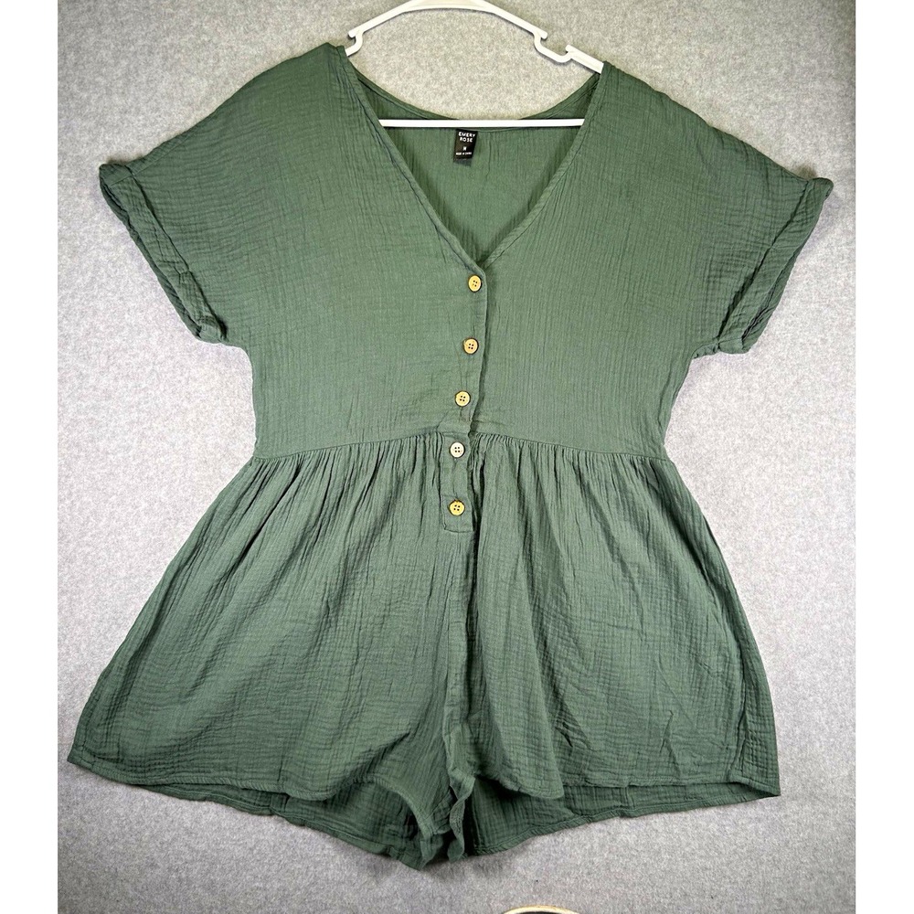 Emery Rose Romper Women M Green Cotton Solid V-Neck Short Sleeve Button Front